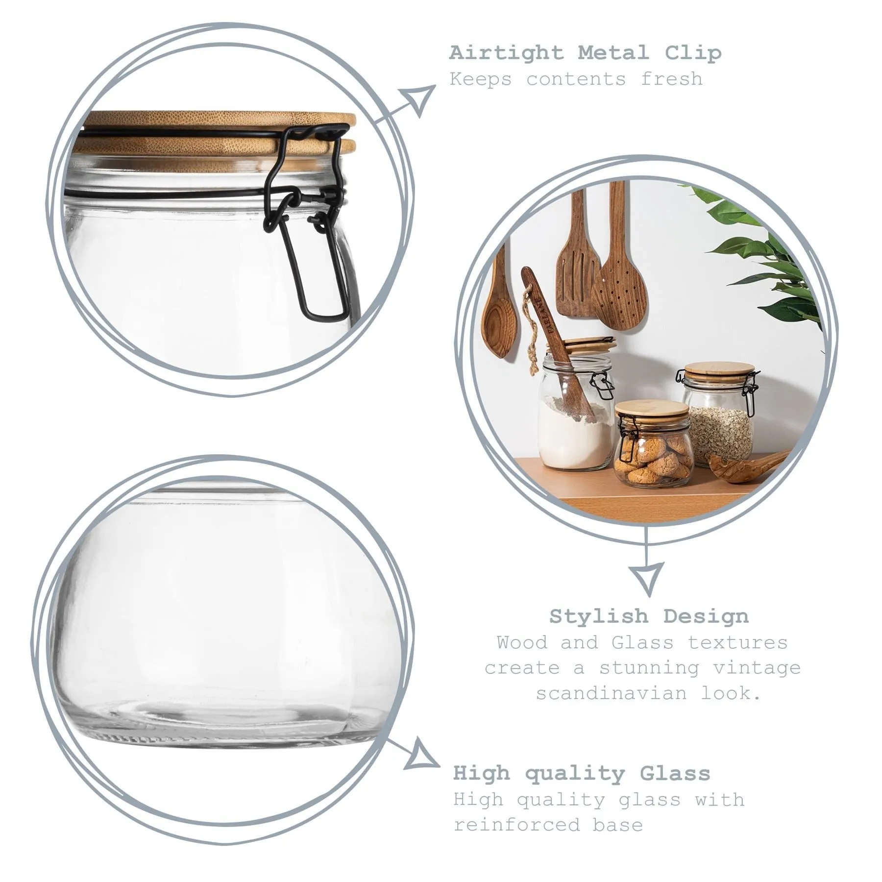 750ml Glass Storage Jars with Wooden Clip Lid - Pack of 3 - By Argon Tableware