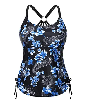 Adjustable Strappy Racerback Tankini Top Womens Tankini Swim Top-Blue Paisley