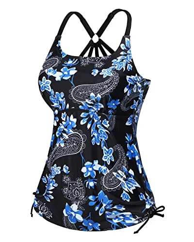 Adjustable Strappy Racerback Tankini Top Womens Tankini Swim Top-Blue Paisley