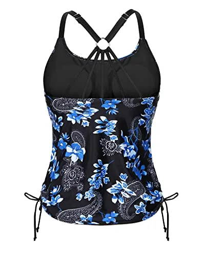 Adjustable Strappy Racerback Tankini Top Womens Tankini Swim Top-Blue Paisley