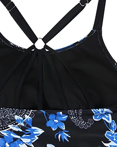 Adjustable Strappy Racerback Tankini Top Womens Tankini Swim Top-Blue Paisley