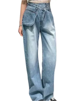 Blue jeans crossed big pocket straight pants