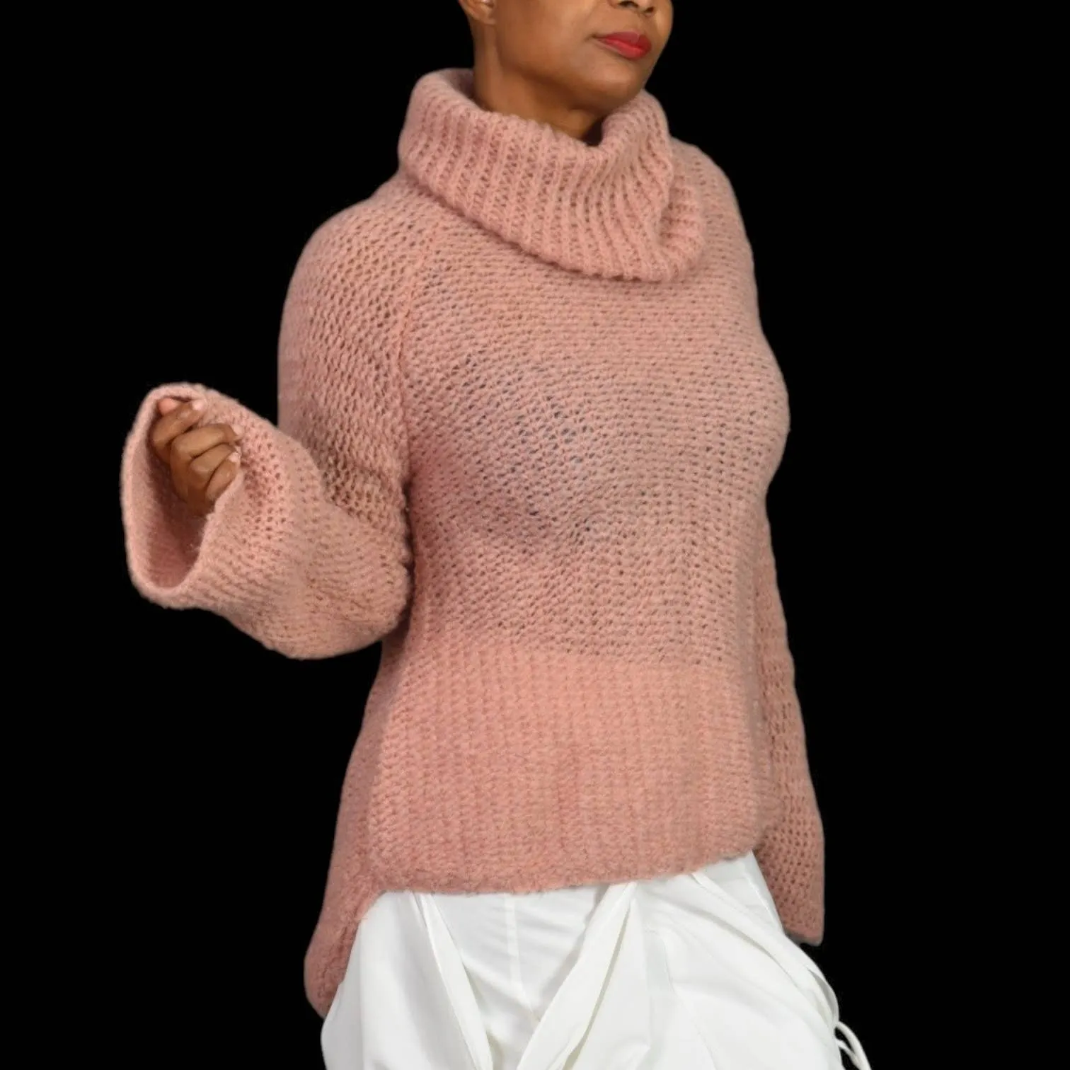 Calypso St Barth Cherita Sweater Pink Rose Crochet Bell Flare Sleeve Cowl Neck Wool Mohair Size Large