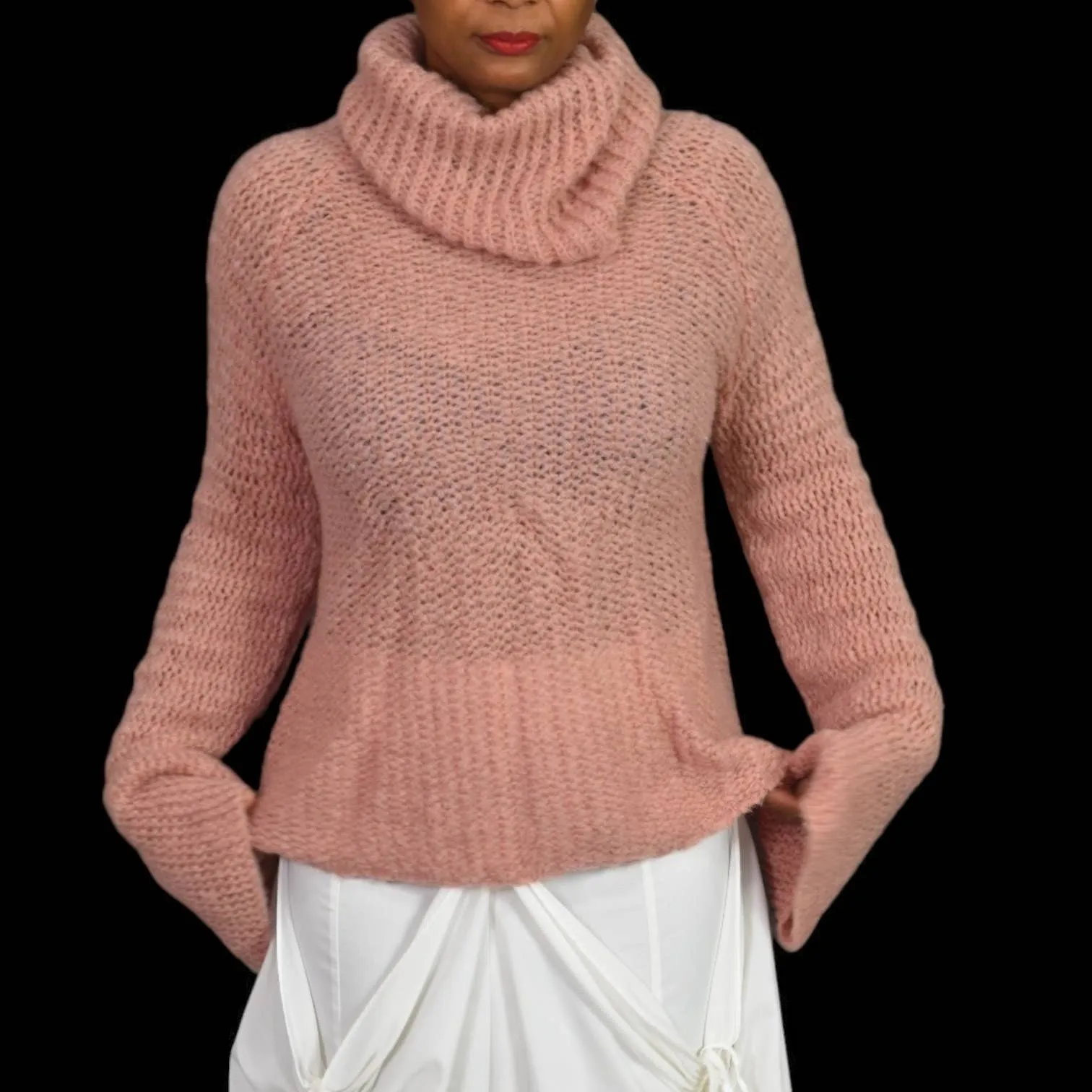 Calypso St Barth Cherita Sweater Pink Rose Crochet Bell Flare Sleeve Cowl Neck Wool Mohair Size Large