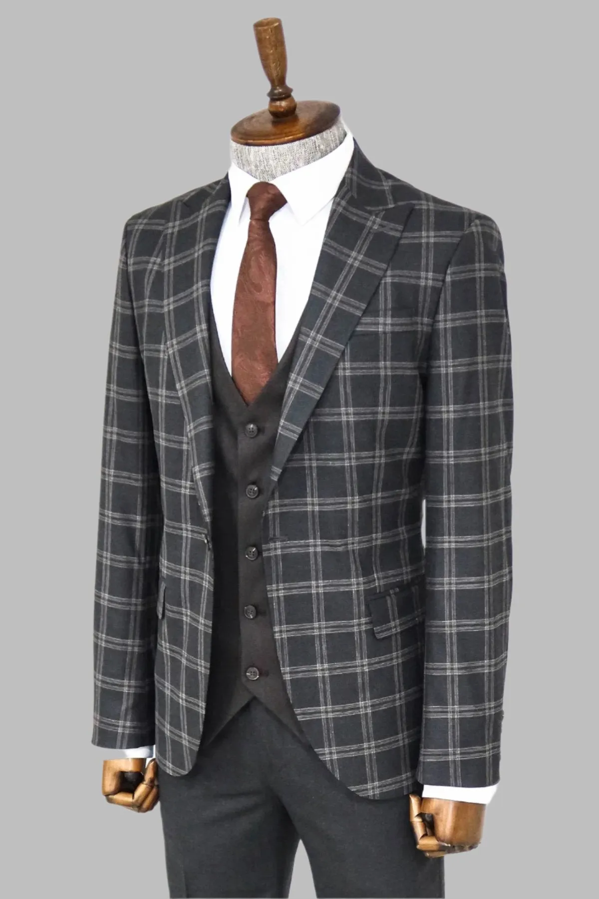 Checked Patterned Slim Fit Black Men Suit - Wessi