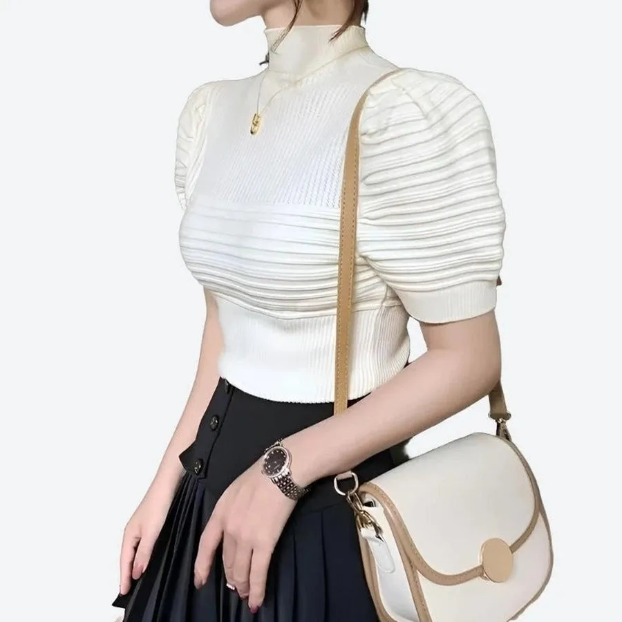 Chic Puff-Sleeve Mock Neck Tops