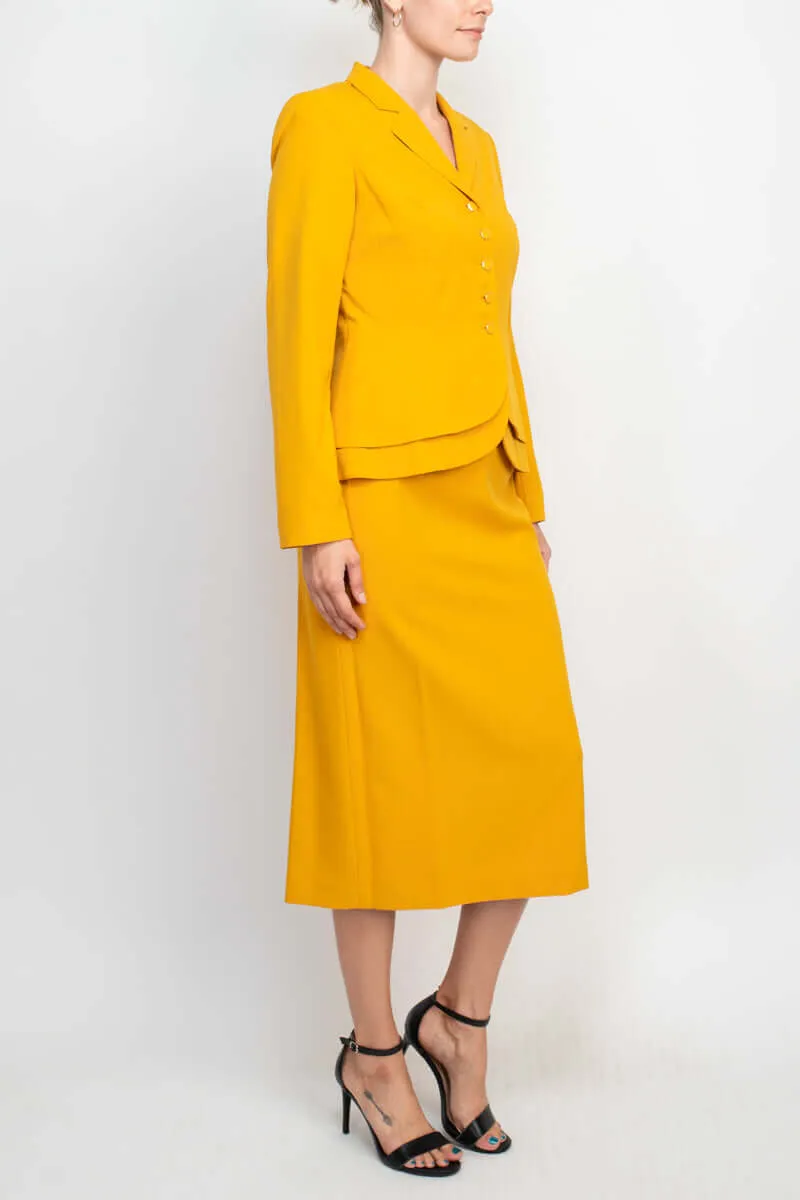 Emily Notched Collar 5 Button Closure Long Sleeve Tiered Hem Crepe Jacket with Zipper Back Slit Back Skirt