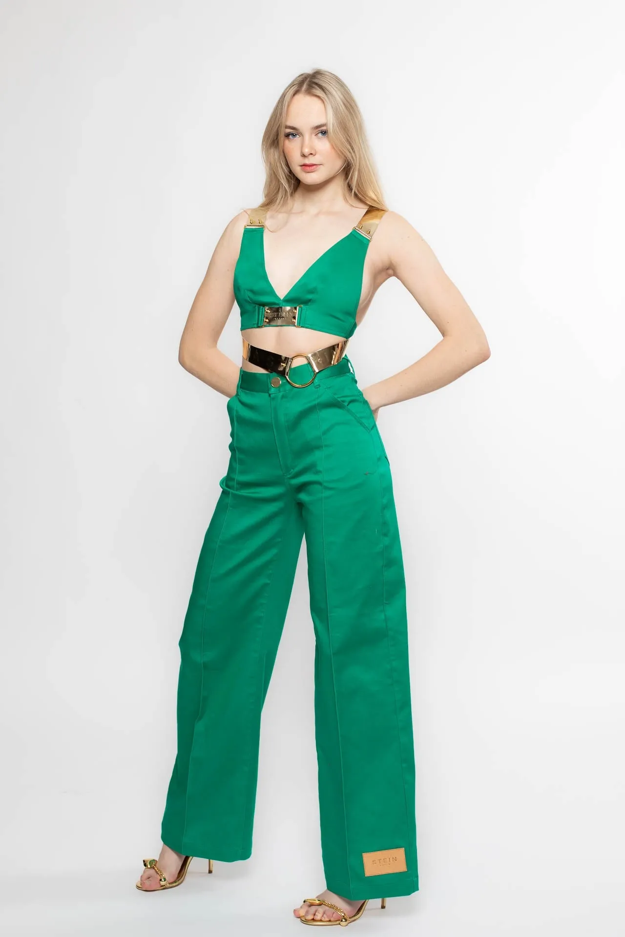 Green Leather Strap Denim Top