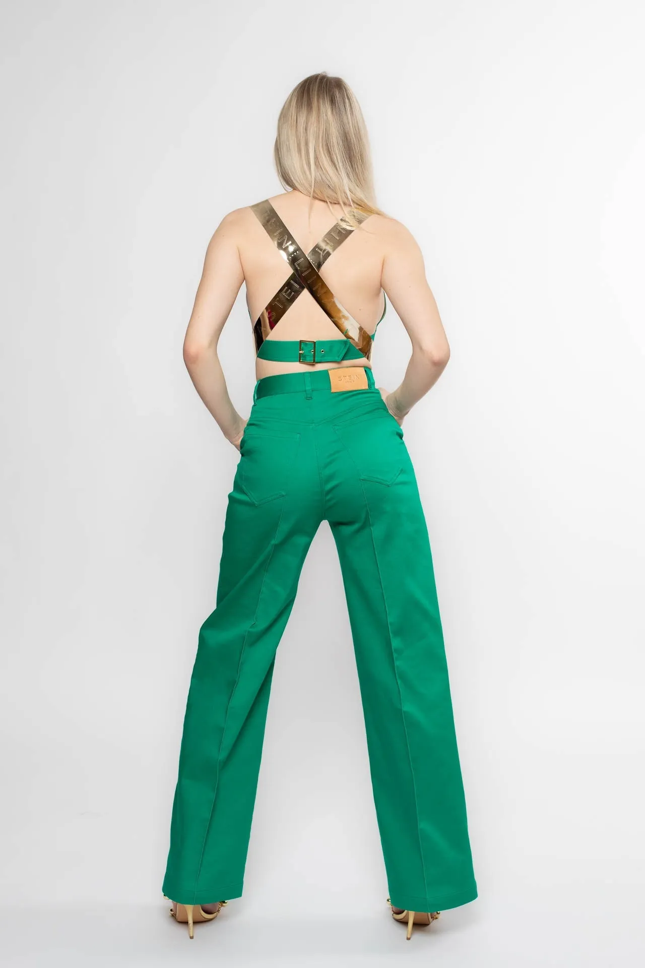 Green Leather Strap Denim Top