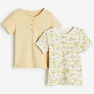 H&M Ribbed Floral T-Shirt Set, 2 Pieces, Cream/Yellow