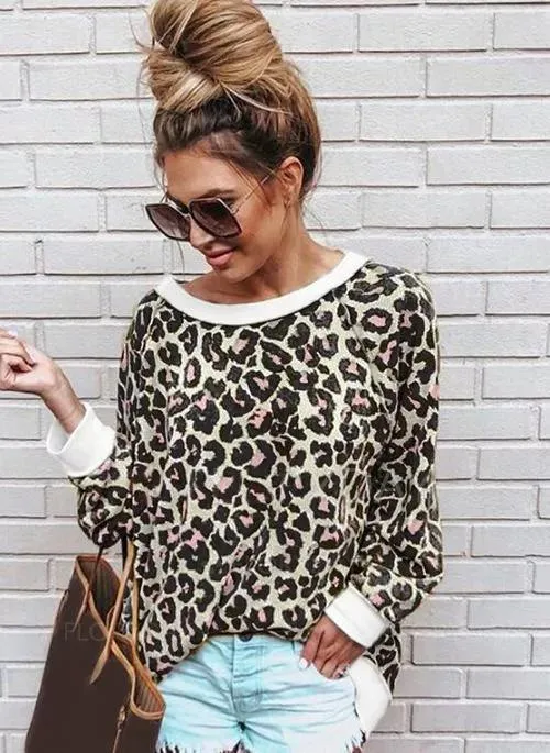 Leopard Streetwear Round Neckline Sweatshirts TOPS.FL