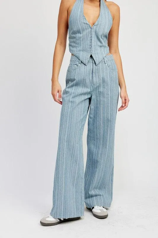 Light Blue Pinstripe Mid Rise Wide Leg Pants