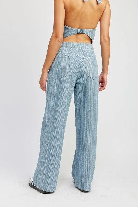 Light Blue Pinstripe Mid Rise Wide Leg Pants