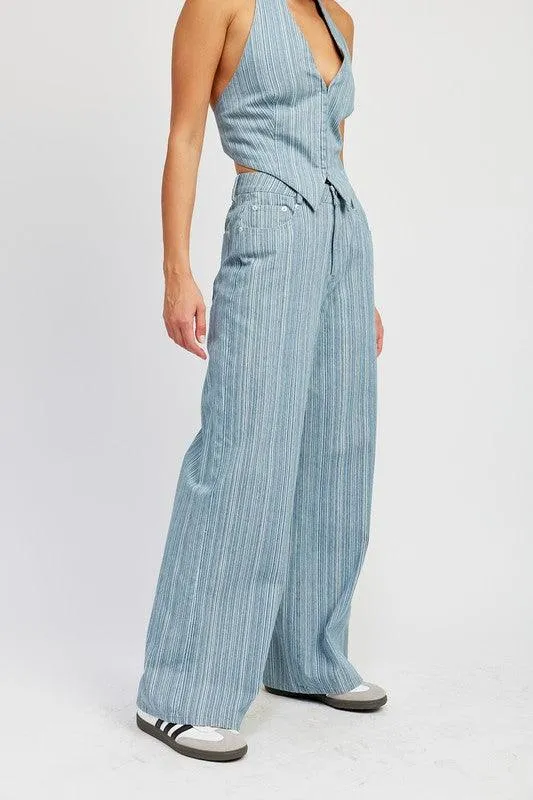 Light Blue Pinstripe Mid Rise Wide Leg Pants