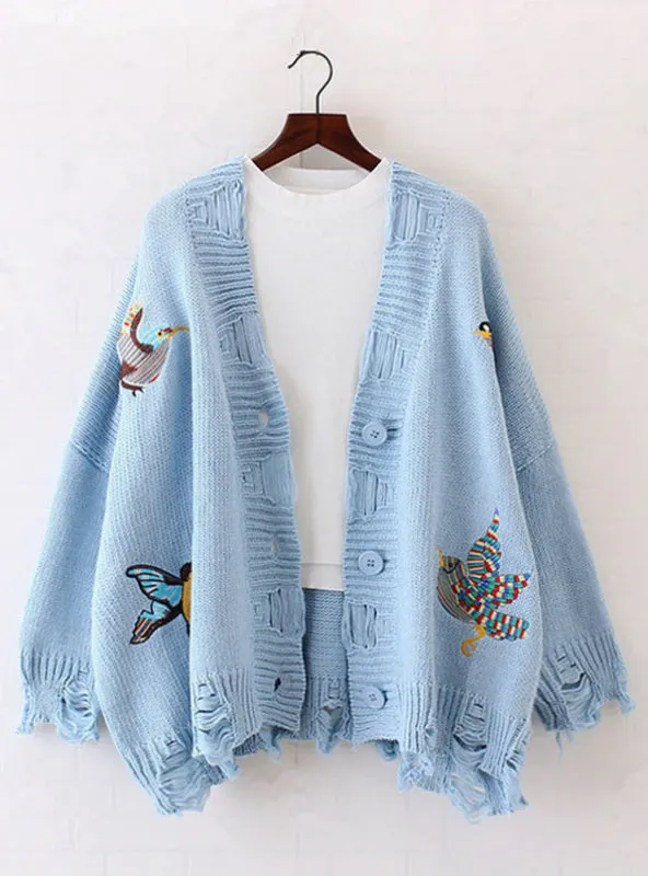 Long Sleeve Casual Embroidery Cardigan Female V Neck Hole Cardigans