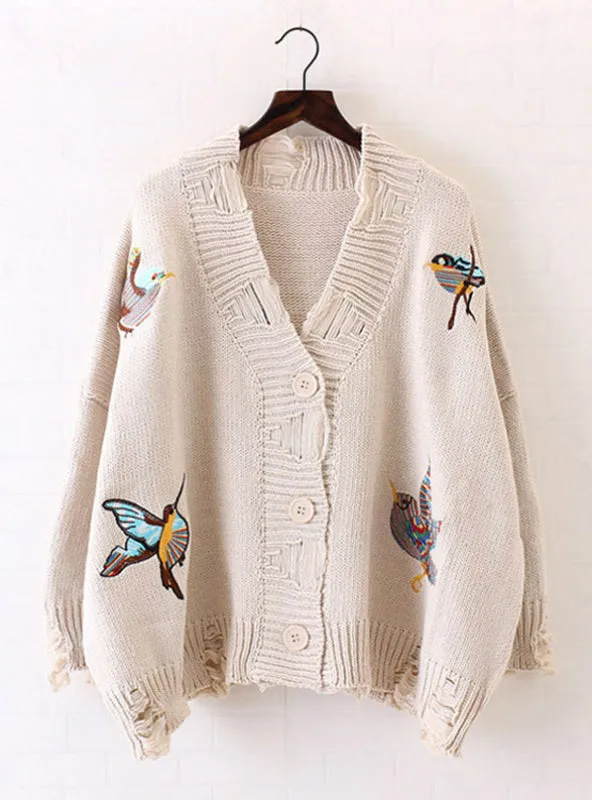 Long Sleeve Casual Embroidery Cardigan Female V Neck Hole Cardigans