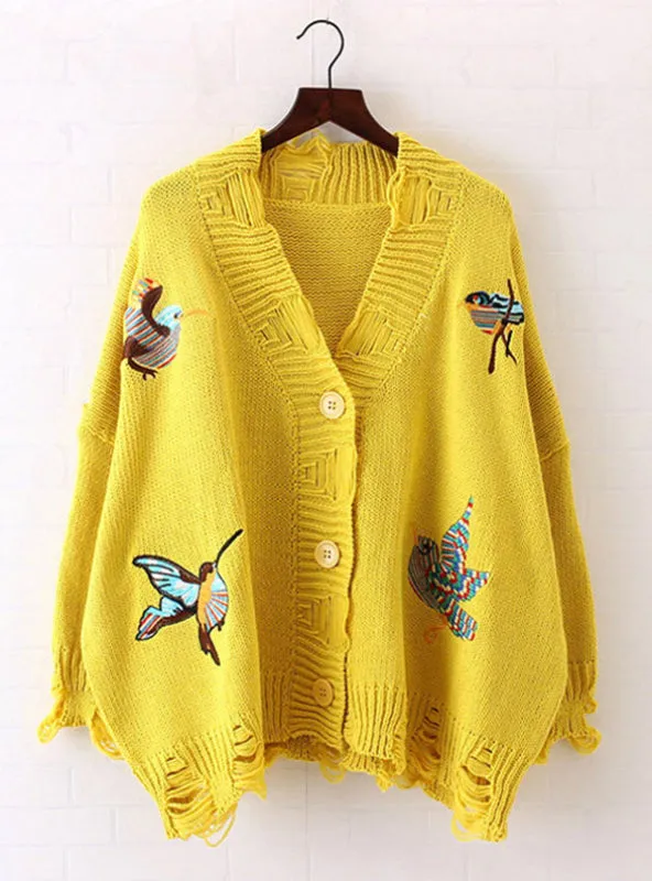 Long Sleeve Casual Embroidery Cardigan Female V Neck Hole Cardigans