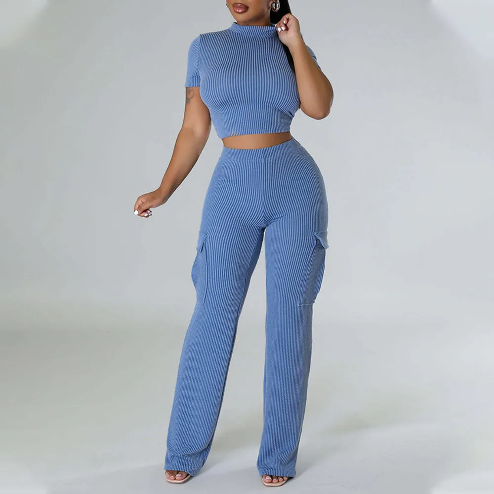 MB FASHION Casual Crop Top and High-Waisted Cargo Pants Set 9469LY