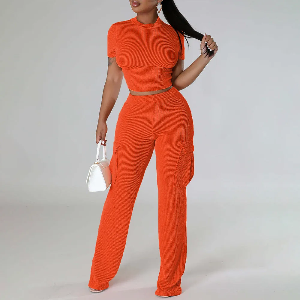 MB FASHION Casual Crop Top and High-Waisted Cargo Pants Set 9469LY