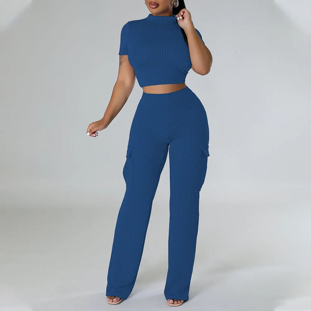 MB FASHION Casual Crop Top and High-Waisted Cargo Pants Set 9469LY