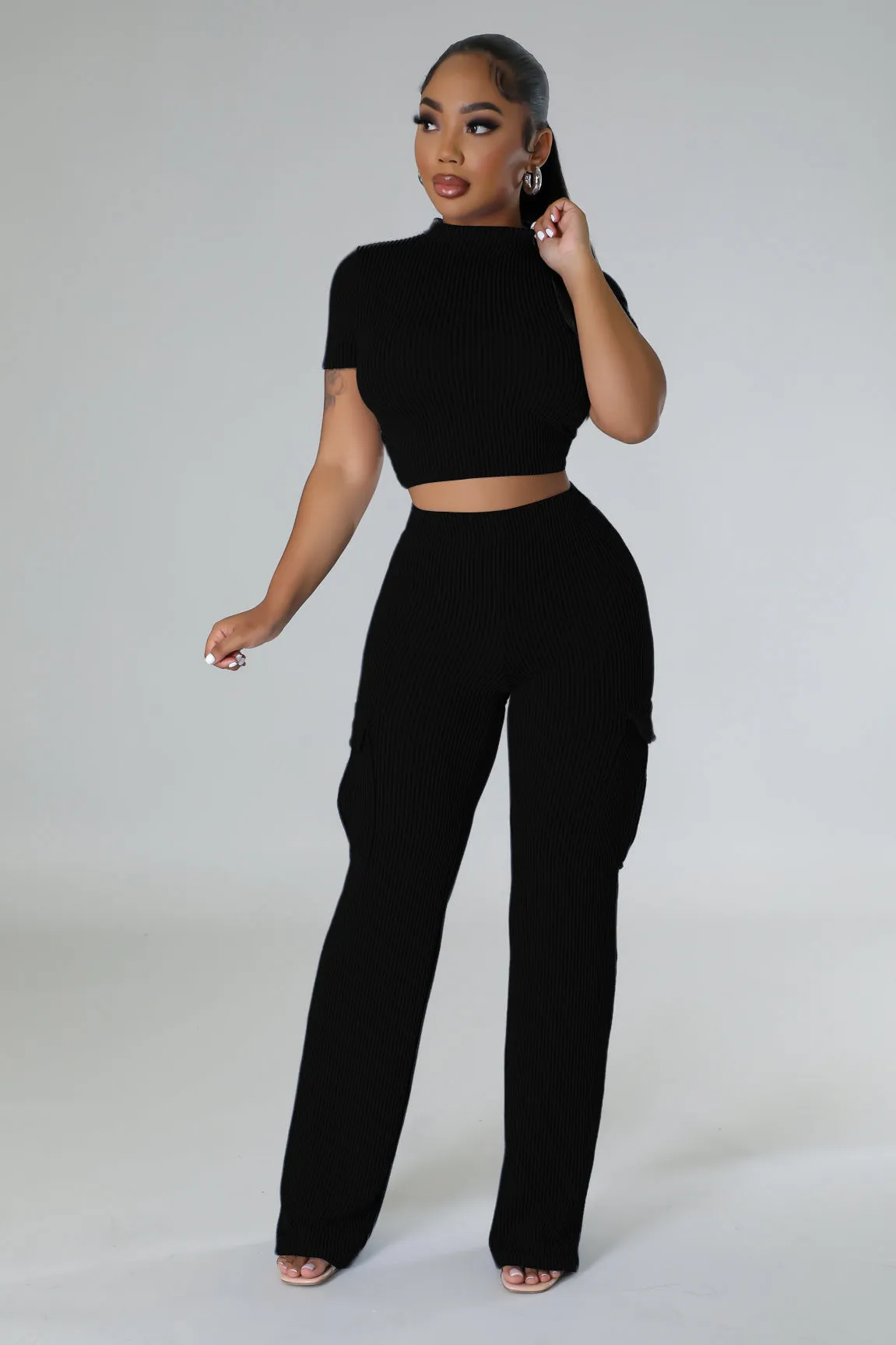 MB FASHION Casual Crop Top and High-Waisted Cargo Pants Set 9469LY