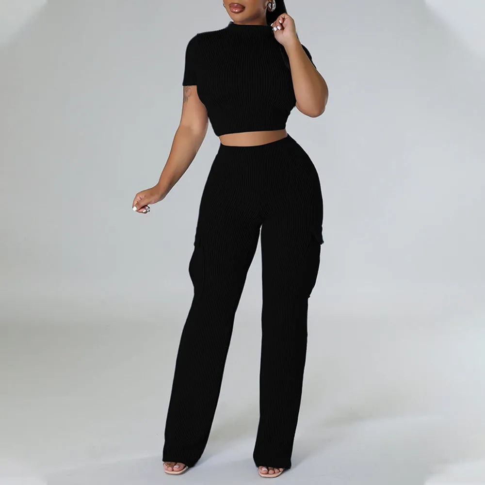 MB FASHION Casual Crop Top and High-Waisted Cargo Pants Set 9469LY