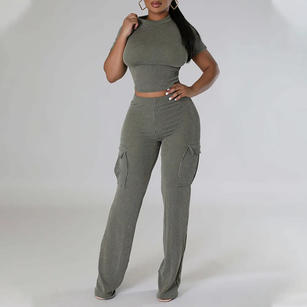 MB FASHION Casual Crop Top and High-Waisted Cargo Pants Set 9469LY