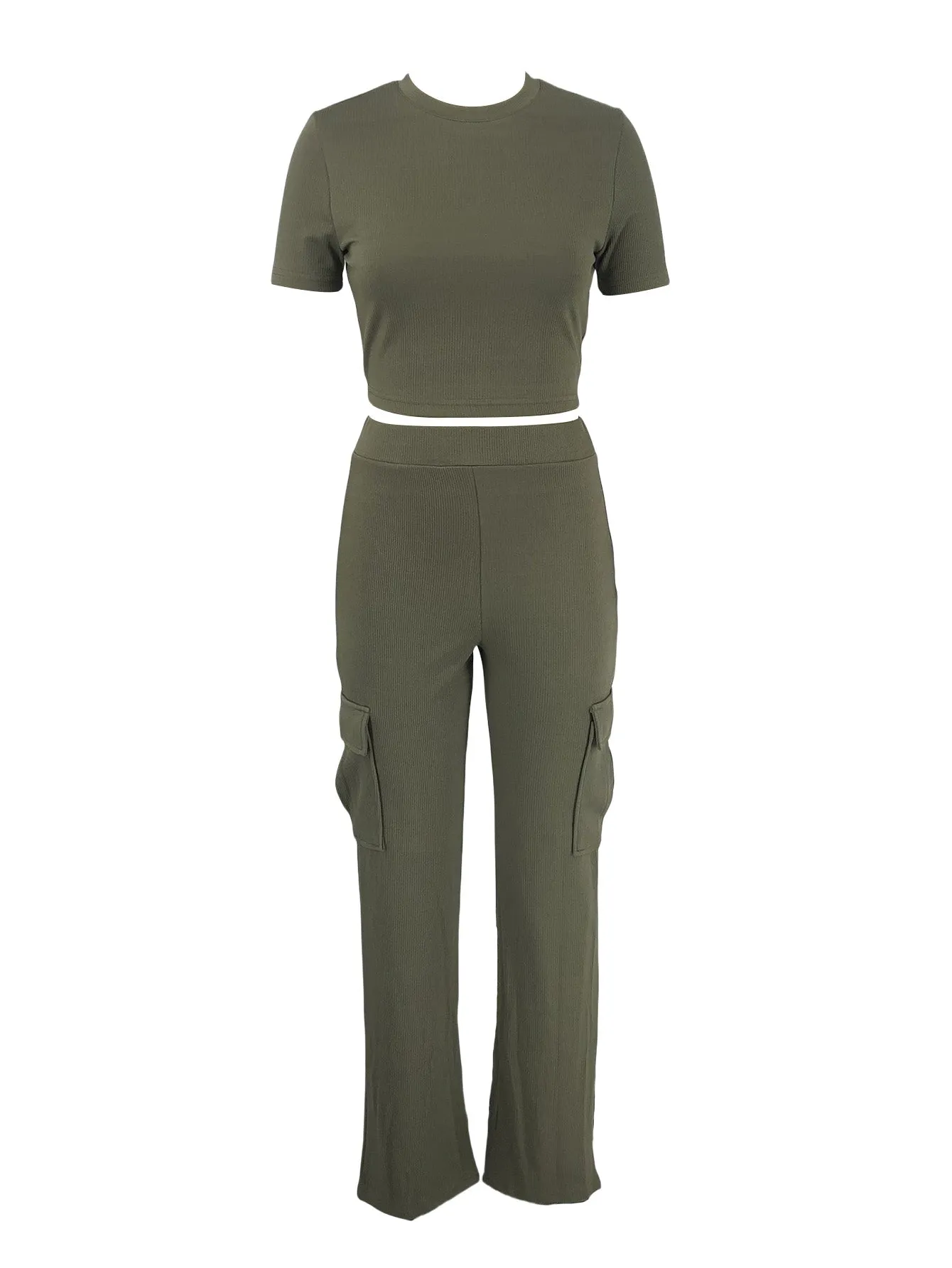 MB FASHION Casual Crop Top and High-Waisted Cargo Pants Set 9469LY