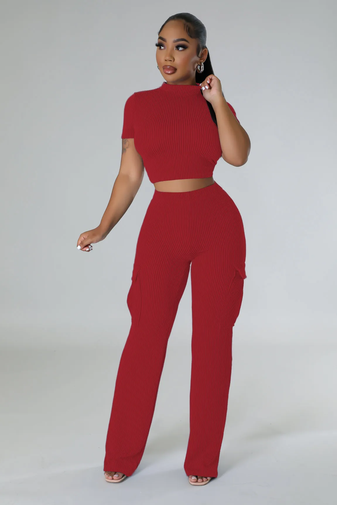 MB FASHION Casual Crop Top and High-Waisted Cargo Pants Set 9469LY