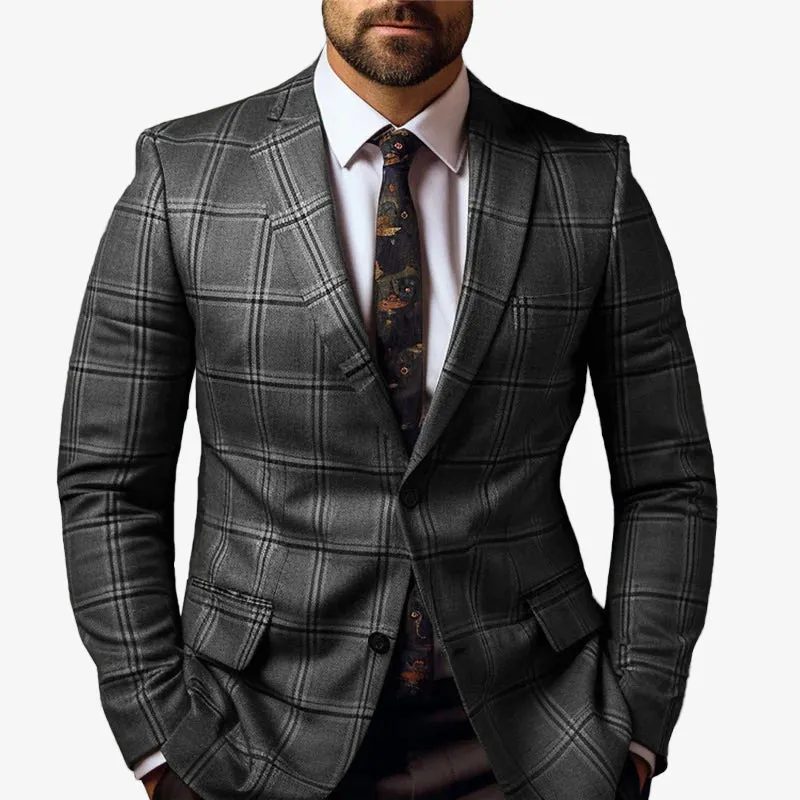 Men's Business Casual Plaid Lapel Collar Two Button Chest Pocket Blazer 250199999