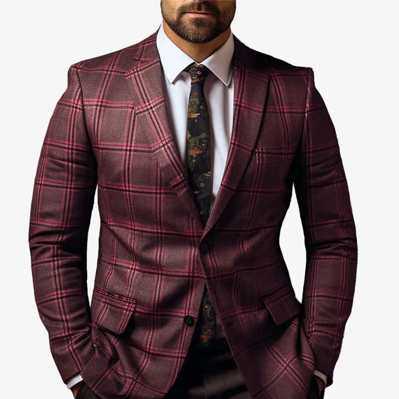 Men's Business Casual Plaid Lapel Collar Two Button Chest Pocket Blazer 250199999