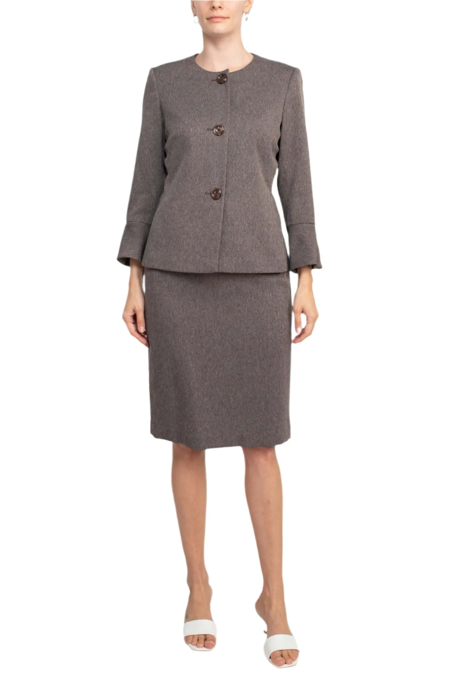 NYP Suits Crew Neck Long Sleeve 3 Button Pockets Zipper Back Slit Back Crepe Skirt Suit