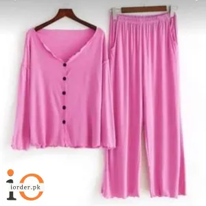 Pink V-Neck Button Women Night Suit PJ Set