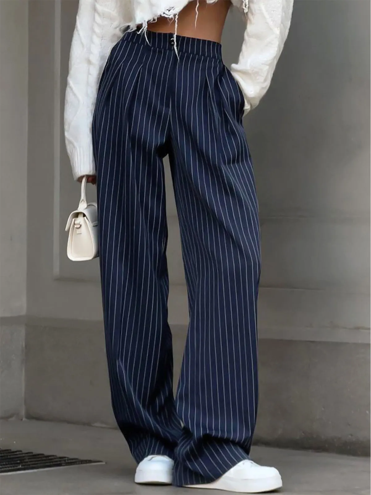 Pinstripe Pleated Wide Trendy Leg Dress Pants