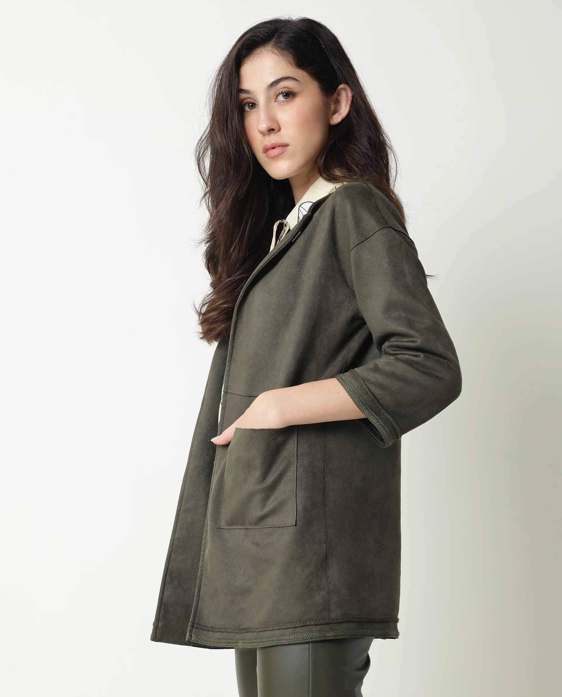 Rareism Women Square Olive Polyester Fabric 3/4Th Sleeves Solid Boat Neck Jacket