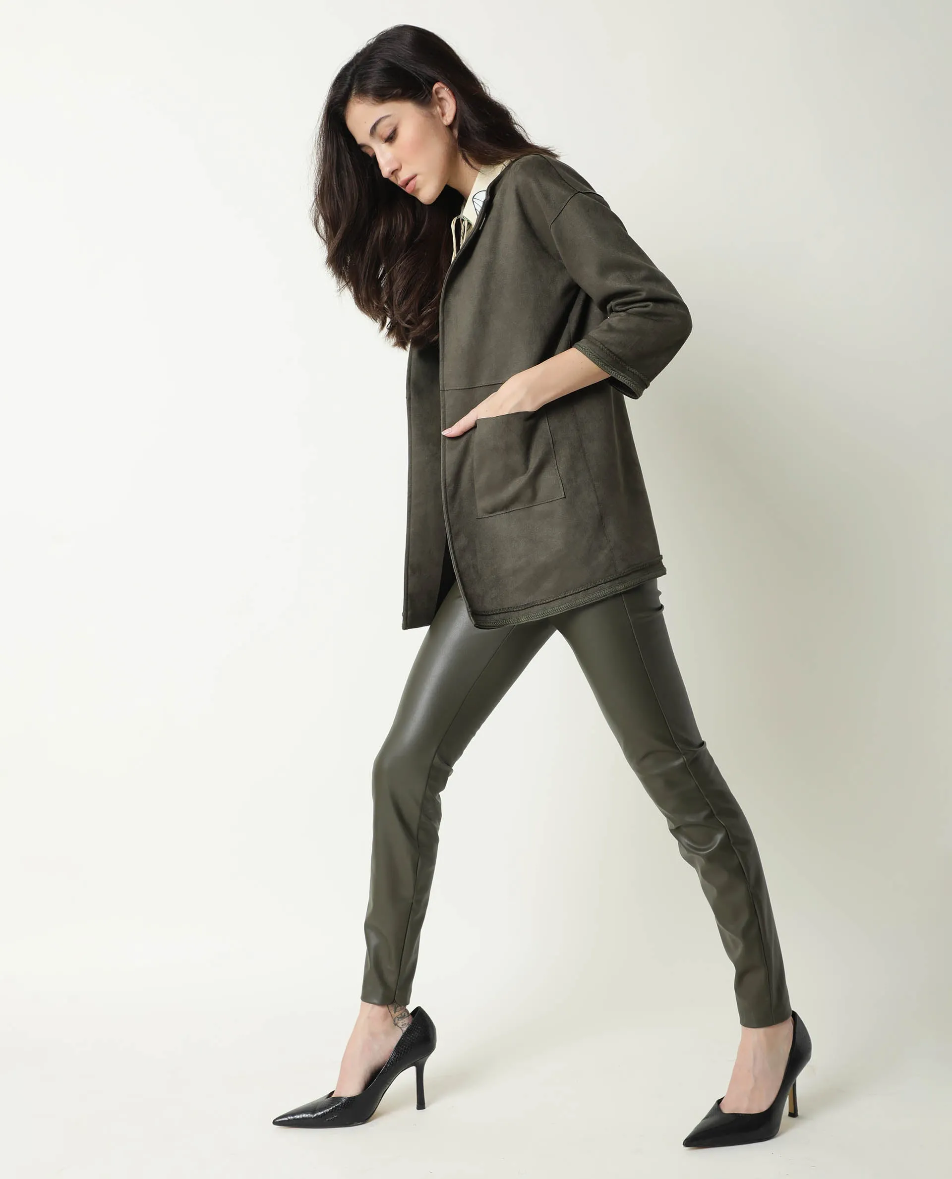 Rareism Women Square Olive Polyester Fabric 3/4Th Sleeves Solid Boat Neck Jacket