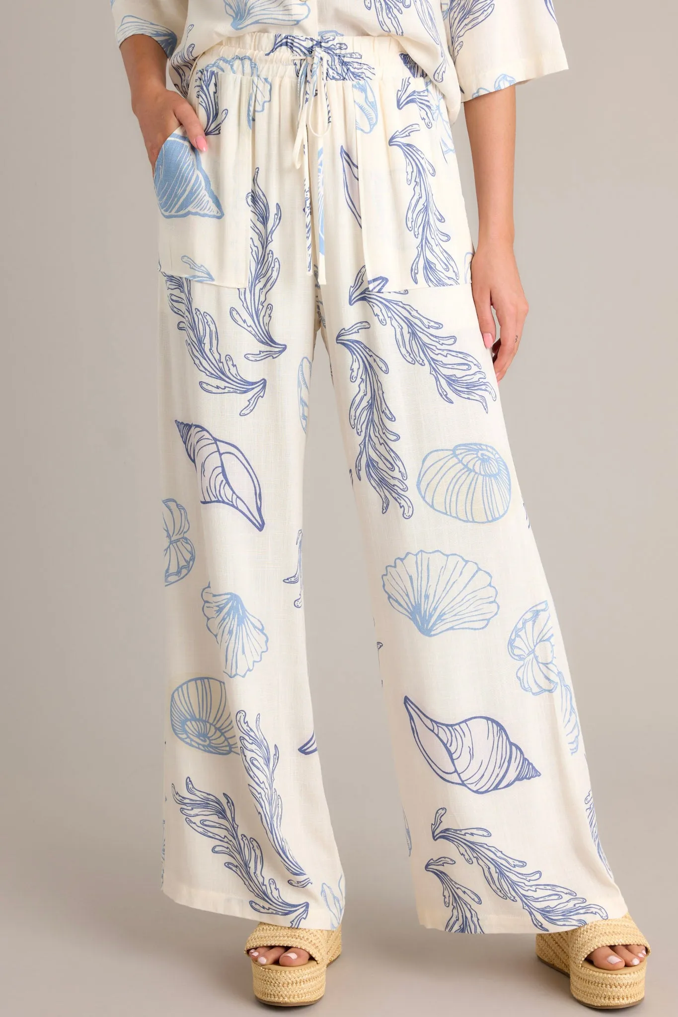 Sandy Shores Blue Tropical Print Drawstring Pants