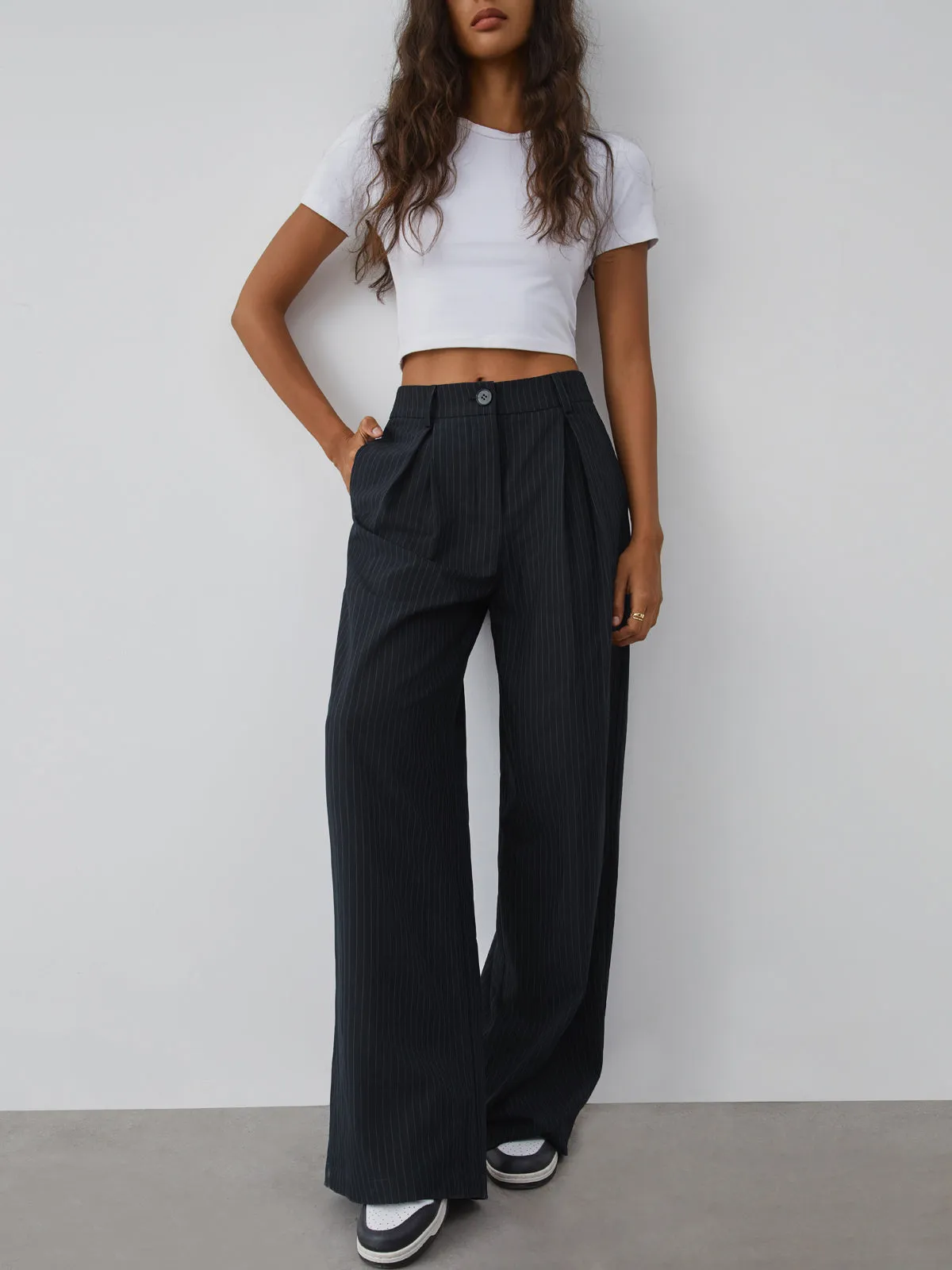 Shock Value Pinstripe Trendy Wide Leg Dress Pants