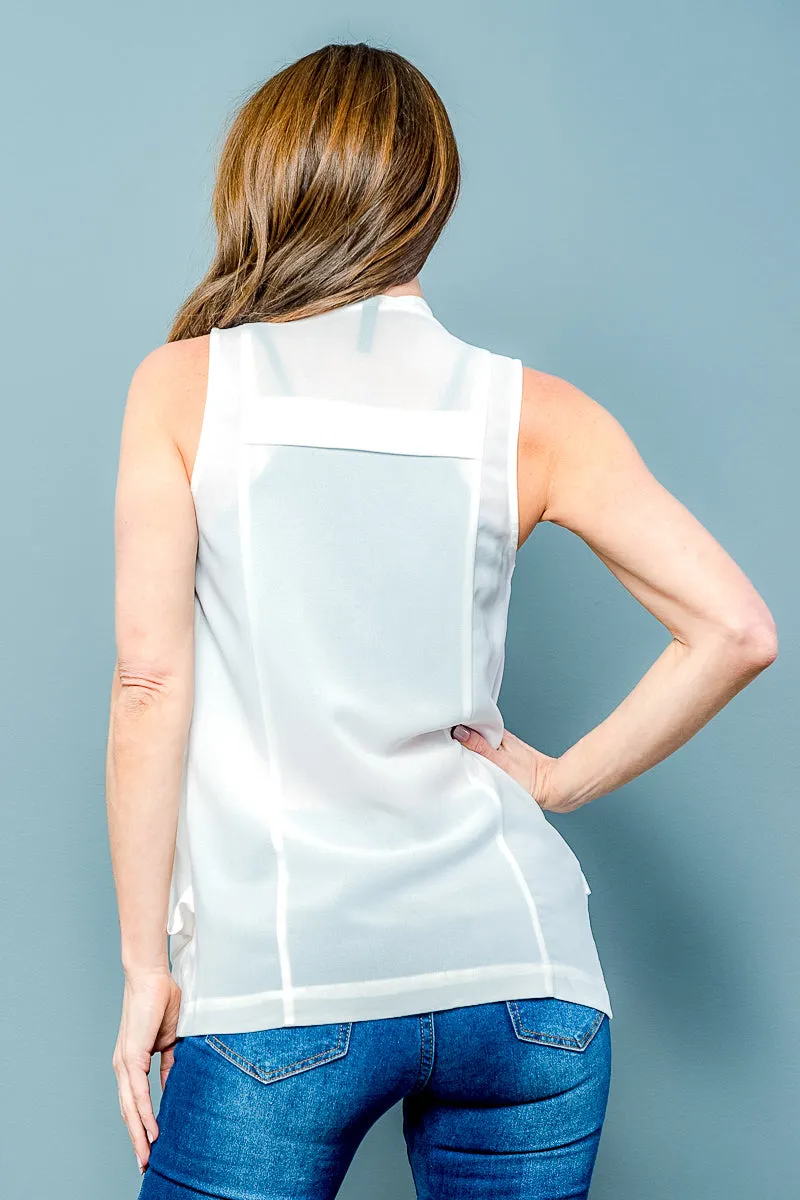 Sleeveless Open Front Vest with Zippered Notched Collar In Ivory (CHT4368)