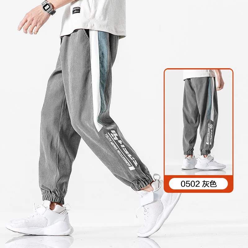 Sporty Pants Men Korean Trendy Ankle-Length Casual Long Straight All-Matching Summer Thin Jogger Street Style Pants