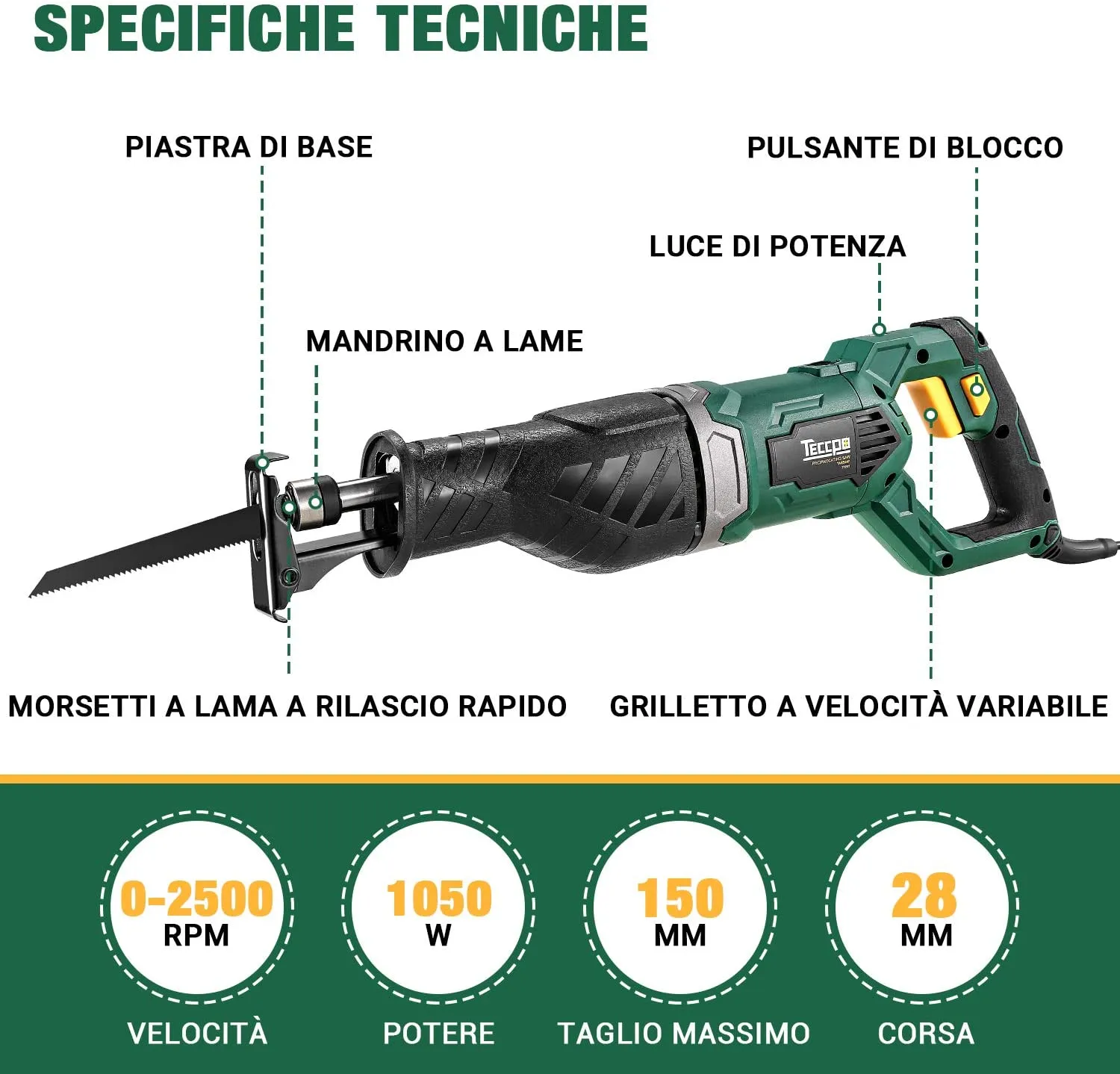 Teccpo Universal and Professional Reciprocating Saw, 1050W, Speed 0-2500 SPM, Cutting Depth: 150mm (Wood), 5mm (Metal), Cutting Stroke 28mm, 3 Blades - TARS24P