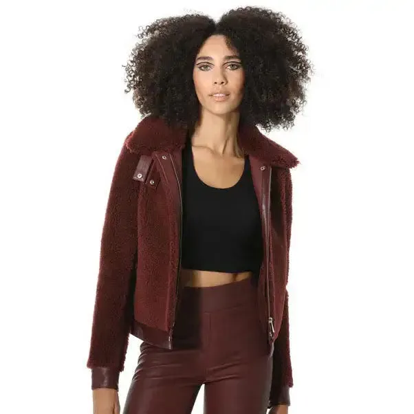 Women's Burgundy Short Sheepskin Fur Jacket with Curly Fur – Cozy & Chic